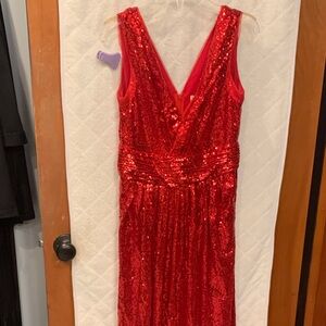 Red Sequin Maxi Dress - V-Neck Evening Gown